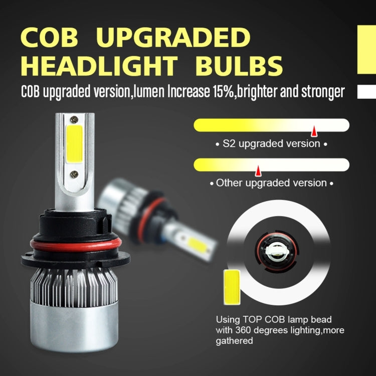 Two 9007 LED headlight bulbs with COB chips, white housings, red rings, finned metal bases
