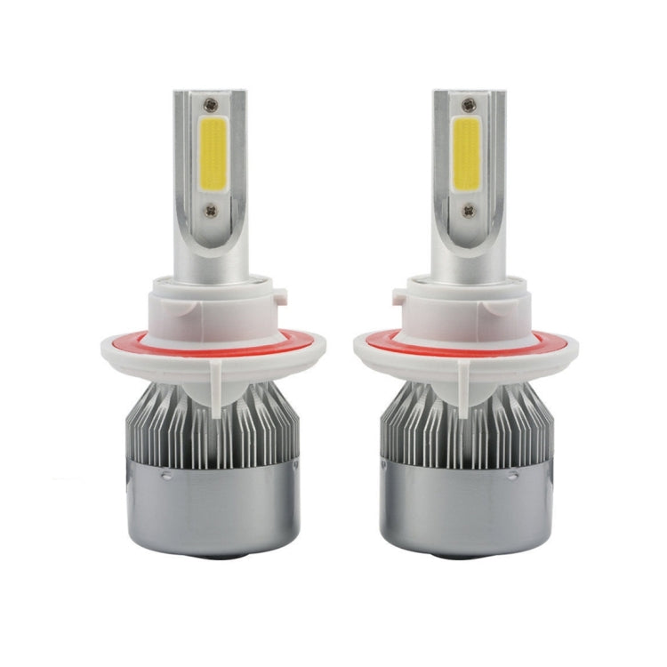 Pair of H13 LED headlight bulbs with vertical COB LED modules and red ring bases
