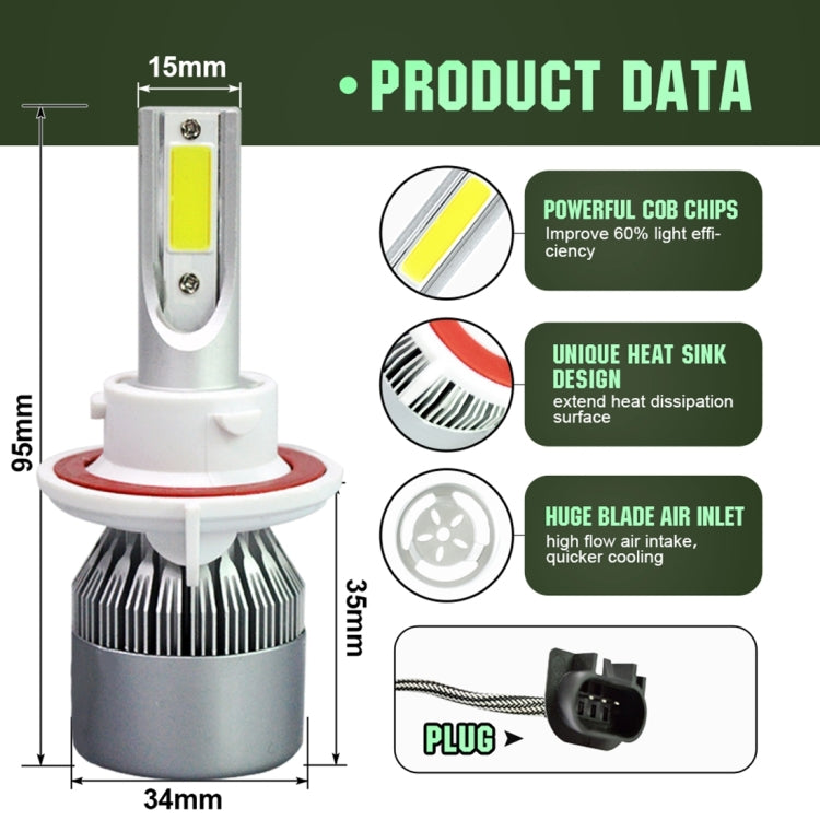 H13 LED headlight bulb with white bracket, yellow COB chip, and heat-sink dimensions