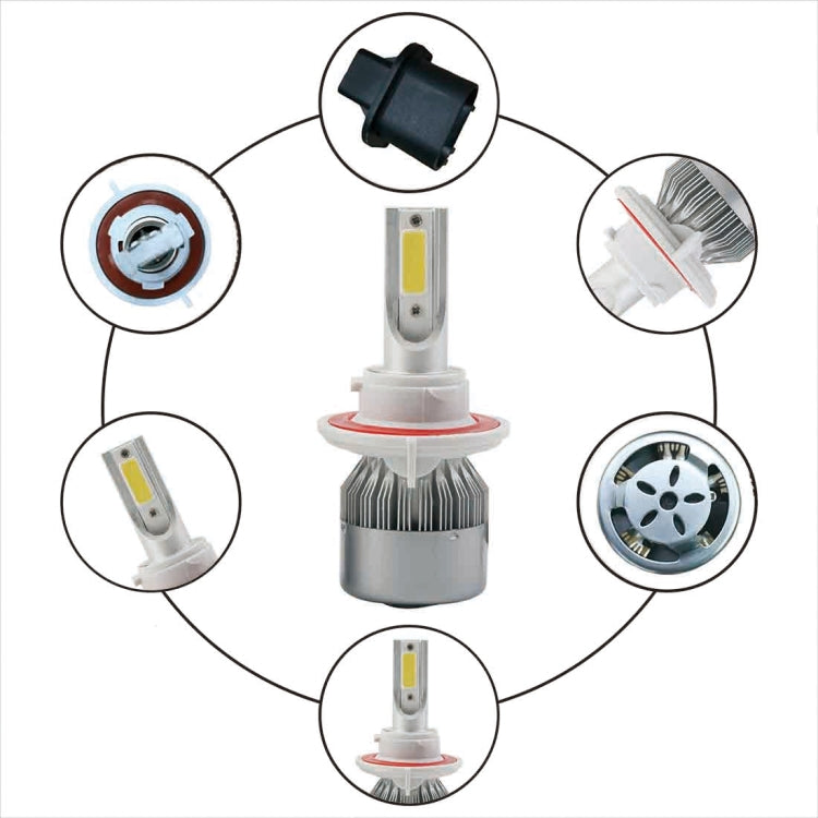 H13 LED headlight bulb set diagram with plug, side details, and installed bulb view