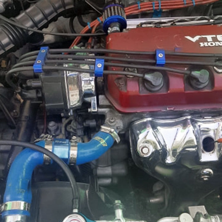 Spark plug wire separator clamp kit, blue clamps installed on engine