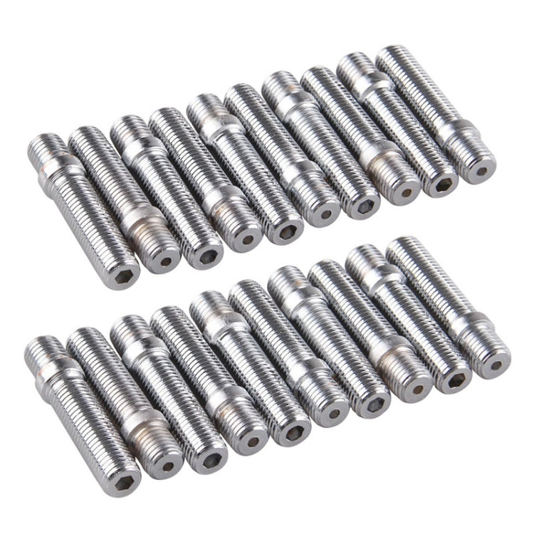 Two rows of silver threaded wheel stud conversion adapters, 20-piece set