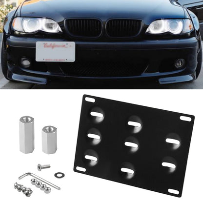 Black tow hook license plate mounting bracket holder with multiple cutout holes