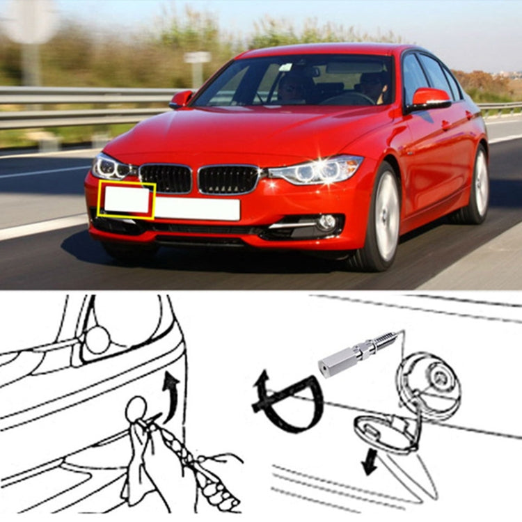 Car front license plate mounting area with tow hook bracket installation view