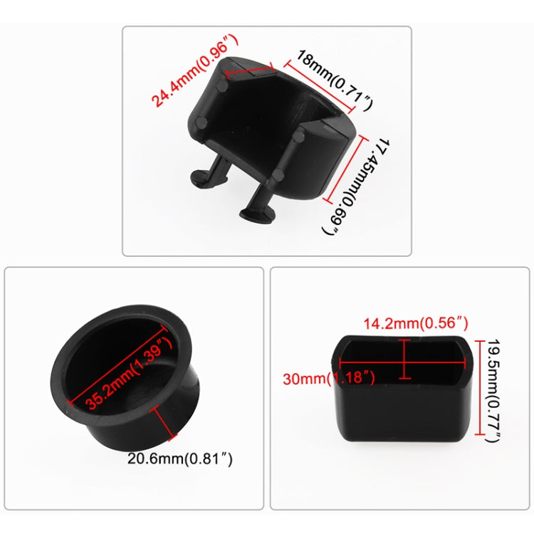Black ABS tailgate hinge bushing insert with size diagram and measurement callouts
