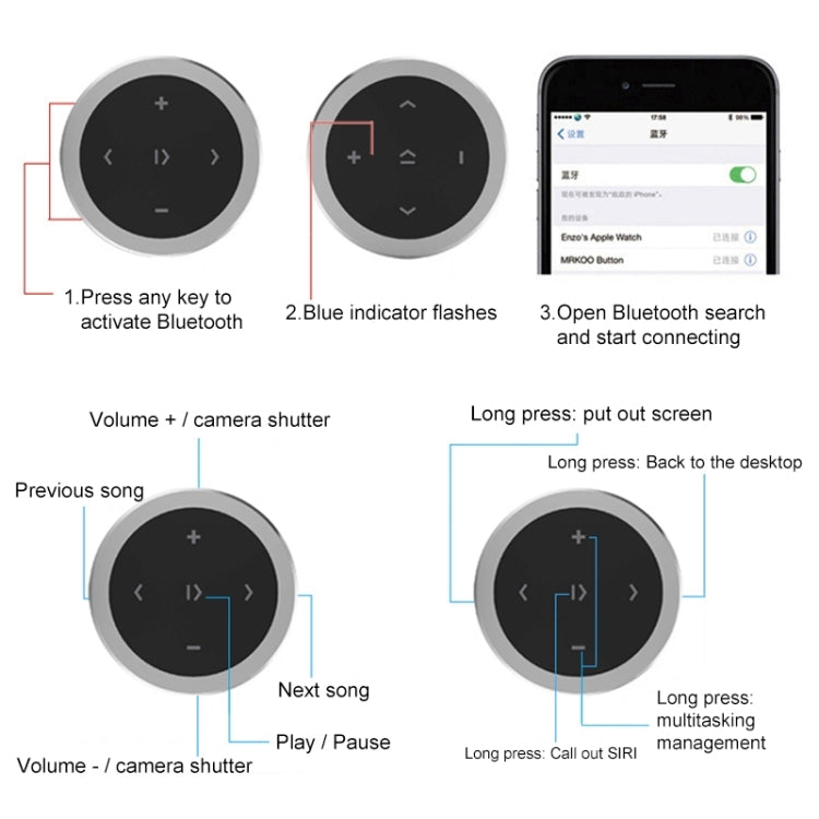 Black Bluetooth remote controller with holder, front view showing plus and media icons