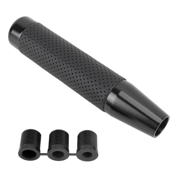Black long car shift knob with perforated grip and included threaded adapters