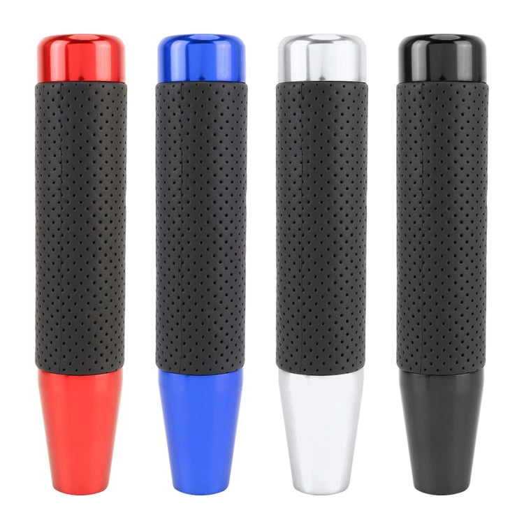 Set of car shift knobs with perforated grips in red, blue, white, and black