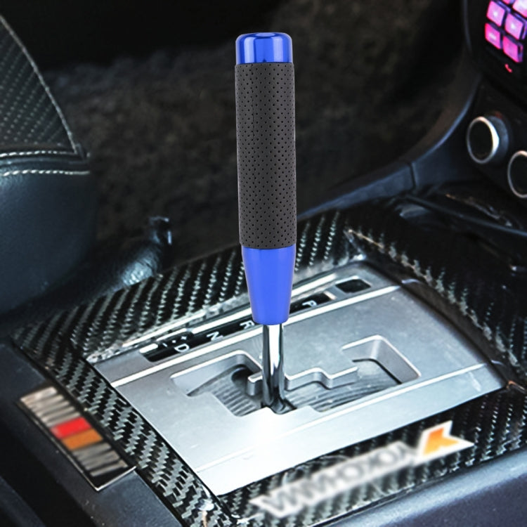 Blue perforated leather-textured metal car shift knob, long column 18x3.3cm