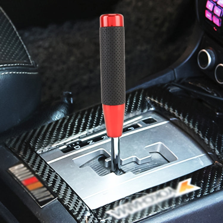 Red perforated leather-textured metal car shift knob, long column 18x3.3cm