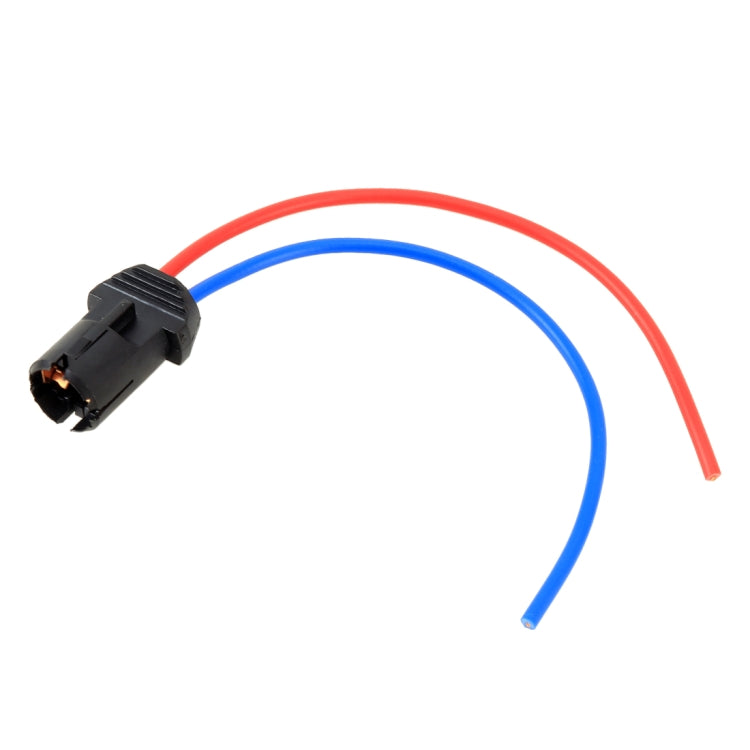 T10 halogen bulb holder with black plug and red/blue insulated wire leads