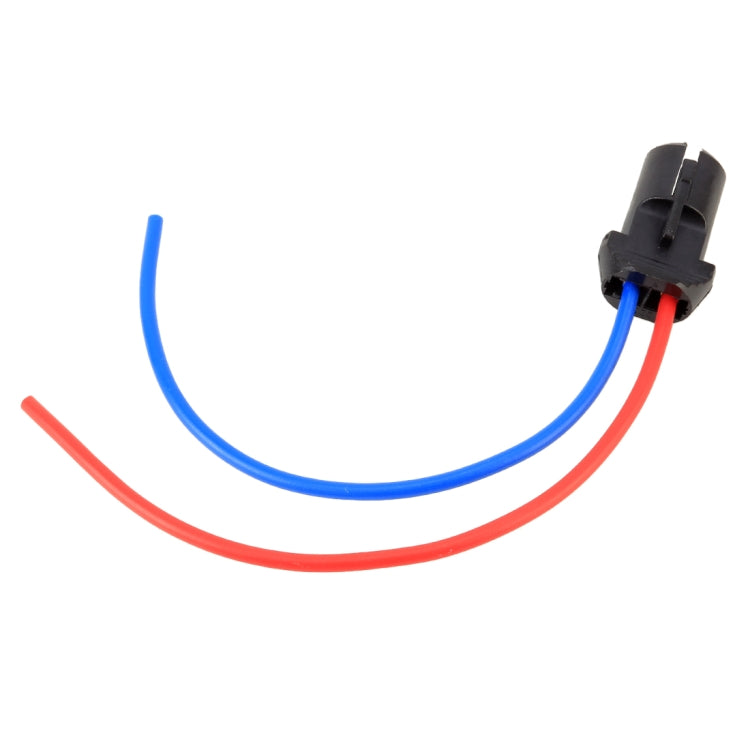 T10 halogen bulb holder with red and blue wire leads and black connector head