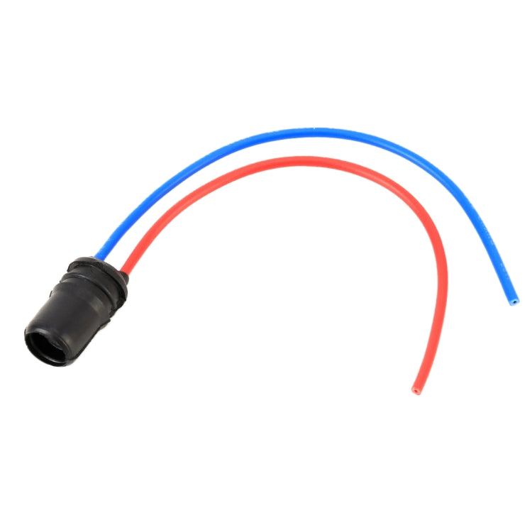 Universal LED bulb holder base with attached red and blue wires and black cap connector