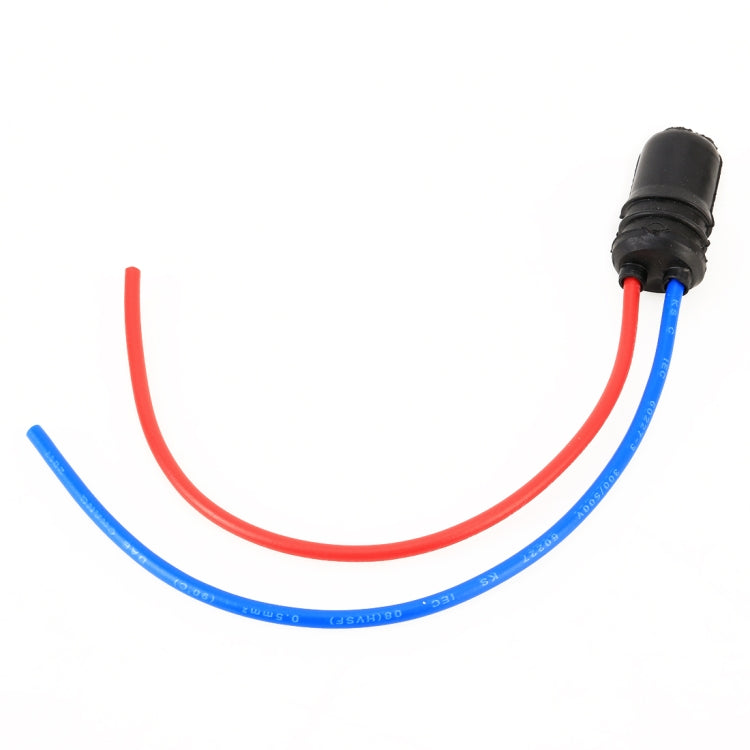 Universal LED bulb holder base with red and blue insulated wire leads, black end connector