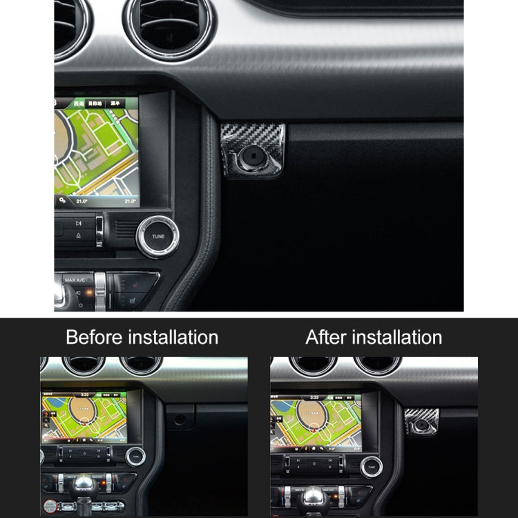 Installed square button sticker on car dashboard with carbon fiber pattern around knob