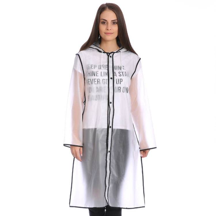 Clear hooded waterproof rain poncho with black button front and contrast trim