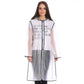 Clear hooded raincoat poncho with gray front panel, black trim, button placket