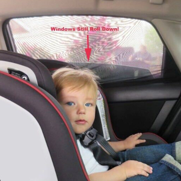 Black mesh car window sunshade cover for rear side window, set in place