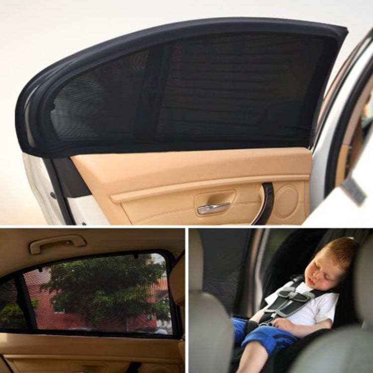 Black mesh car window sunshade net installed on side window, with product shown