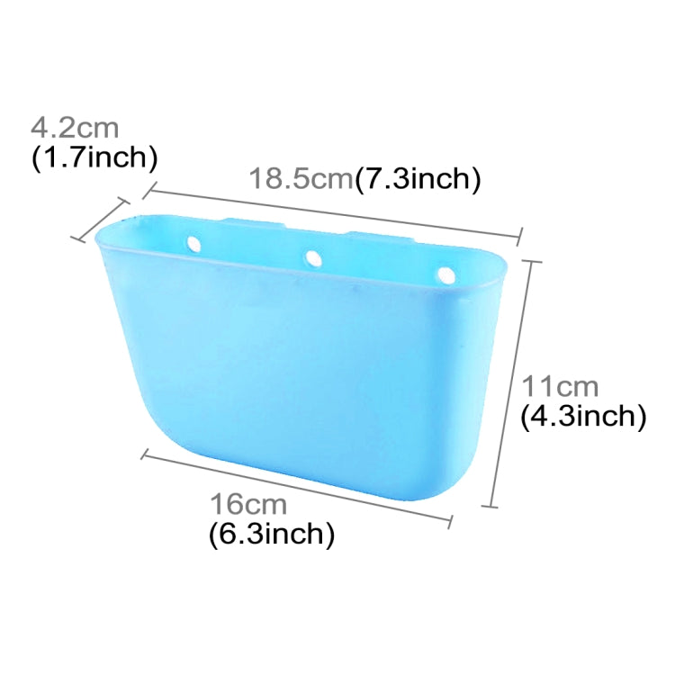 Blue portable car trash can bin with drainage holes and rectangular front, size diagram