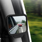 Wide-angle blind spot mirror mounted on side panel, reflecting vehicles behind