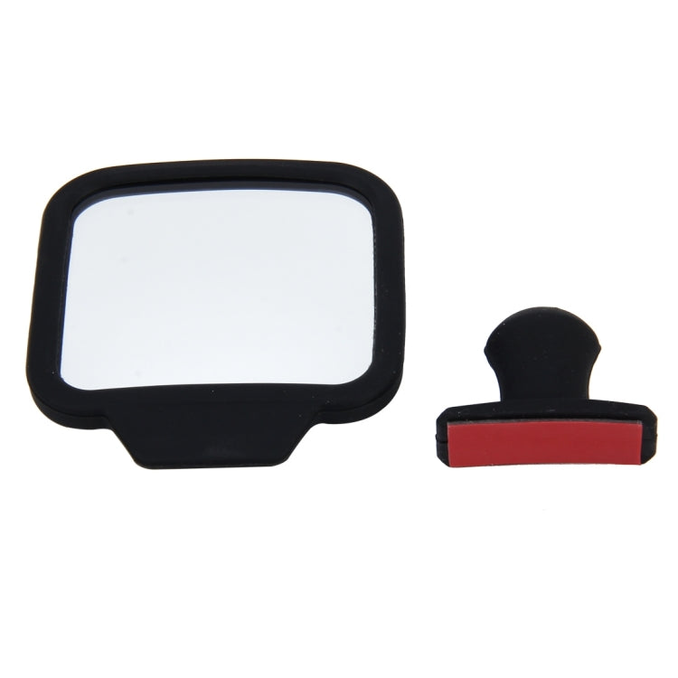 Adjustable blind spot mirror with black frame and red-and-black mounting base