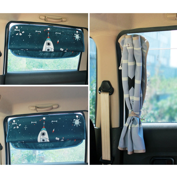 Car sunshade cover set with space rocket print, shown installed on front and rear windows