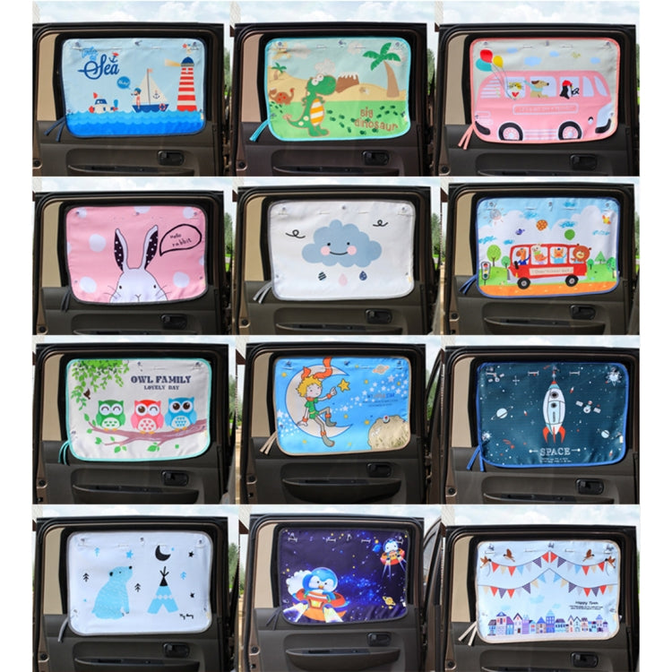 Assorted car window sunshade covers featuring colorful cartoon designs displayed in a grid