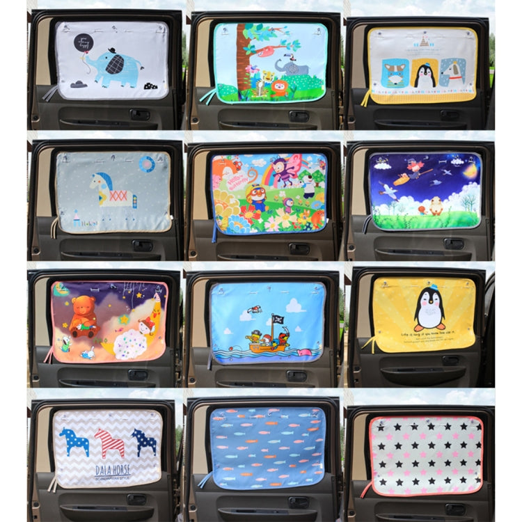 Assorted car window sunshade covers with animal and scenery prints displayed in a grid