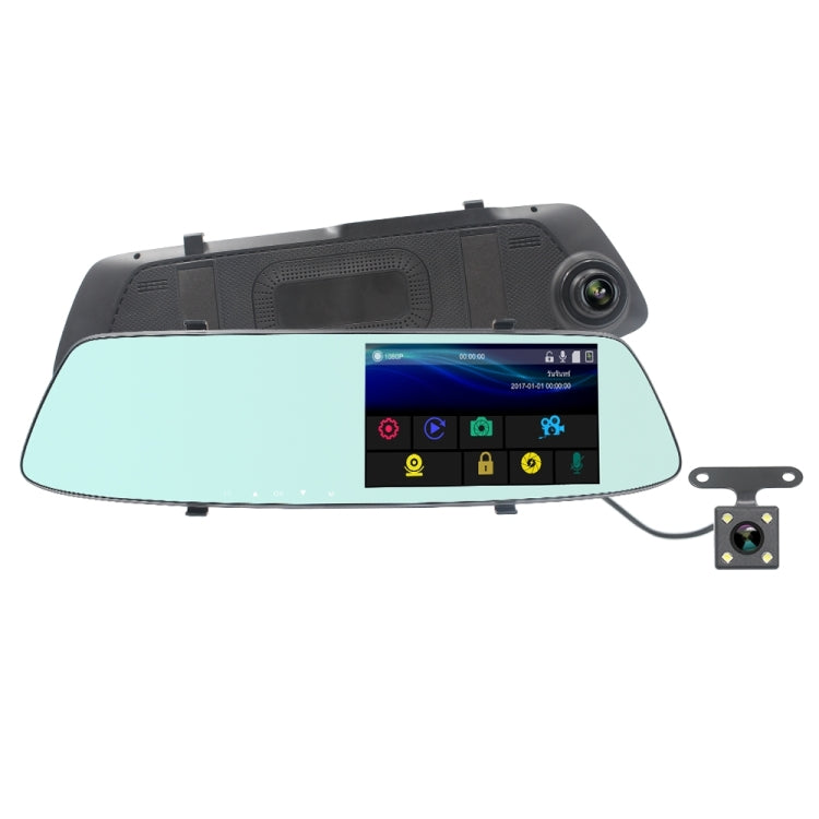 Car rear view mirror dash cam with touch screen display and side-mounted camera