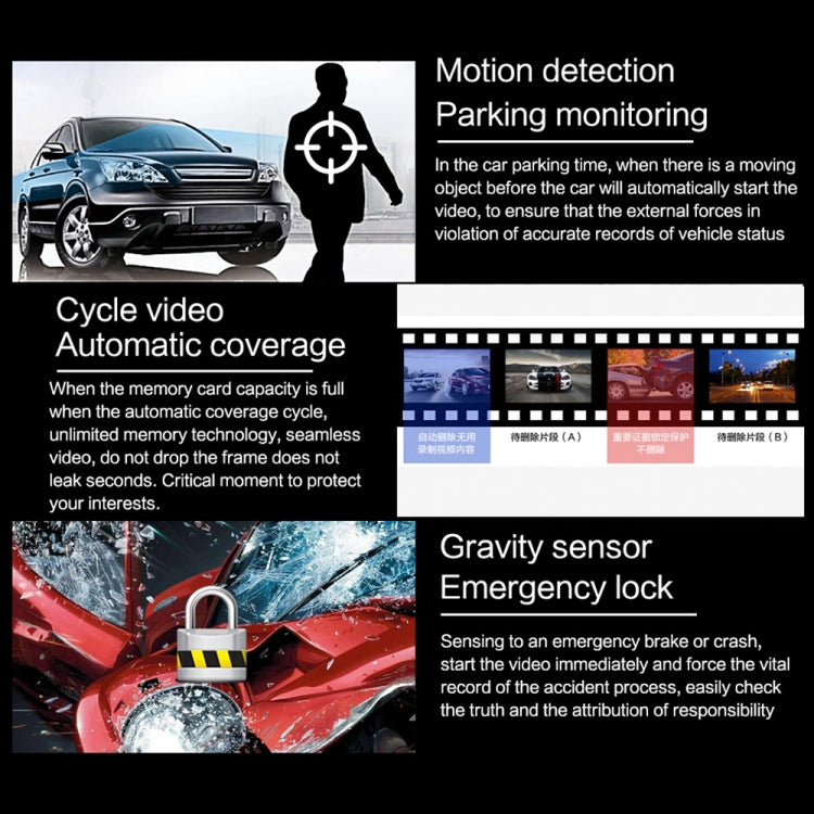 Rearview mirror car recorder with motion detection and gravity sensor features