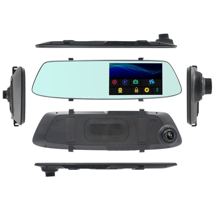 Car rear view mirror dash cam shown from multiple angles with camera and mounting brackets