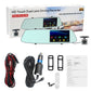 Dual-lens rear view mirror dash cam kit with touch screen, camera, cables, and mounts