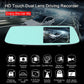 Rear view mirror dash cam with touch screen and on-screen feature icons