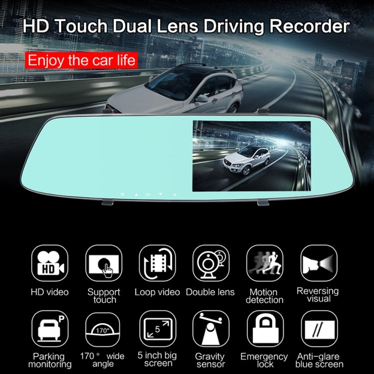 Rear view mirror dash cam with touch screen and on-screen feature icons