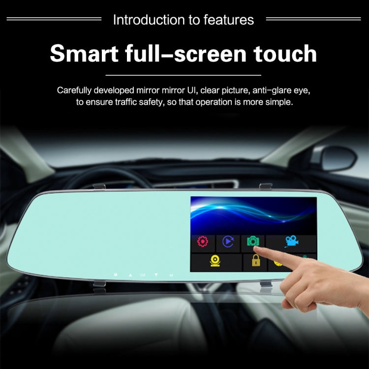 Rear view mirror dash cam with touchscreen and finger tapping the display controls