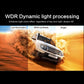 Dash cam WDR night-vision processing graphic with vehicle scene and split lighting