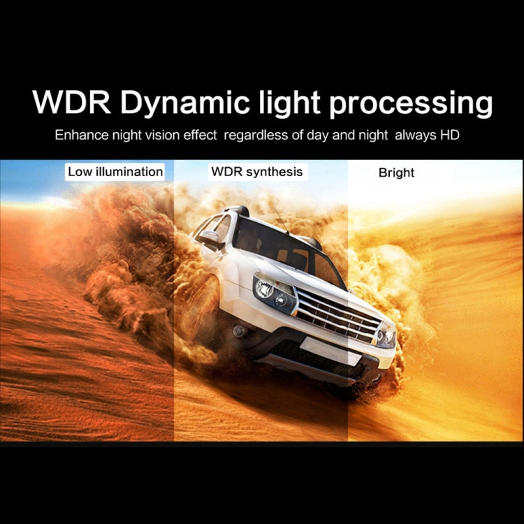 Dash cam WDR night-vision processing graphic with vehicle scene and split lighting