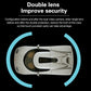 Dual-lens dash cam security graphic with circular zoom on rear camera view