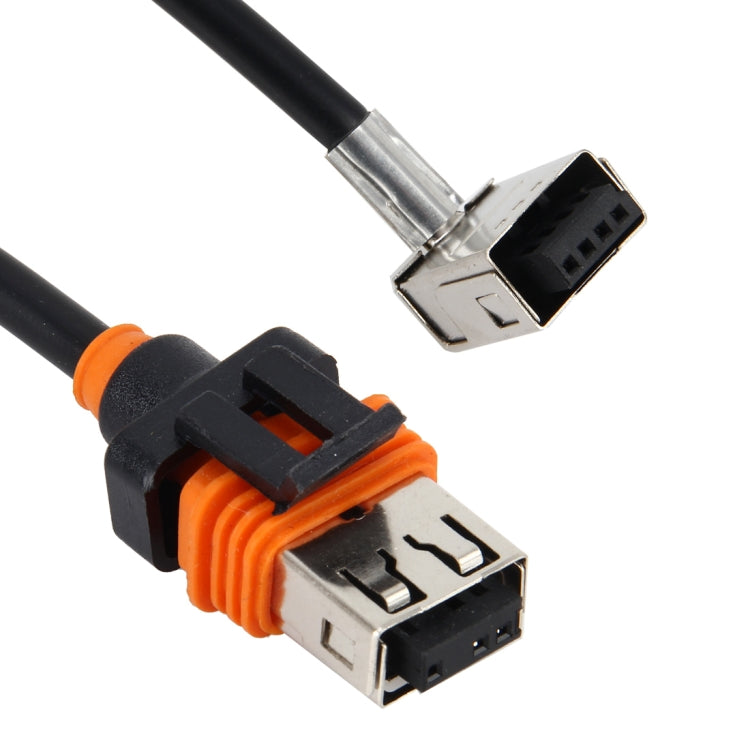 D1 HID adapter connector close-up, orange strain relief, black housing, metal pin contacts