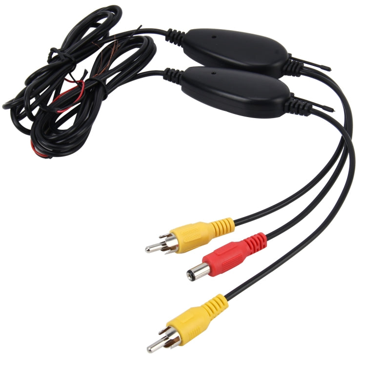 Wireless video transmitter/receiver pair with black units and RCA audio/video cables