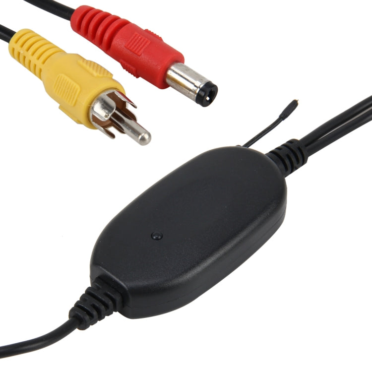 Wireless transmitter/receiver unit with yellow and red RCA connectors and black cable