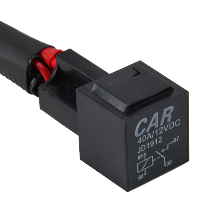 Black DC 12V 40A relay module with red wire leads and printed circuit marking