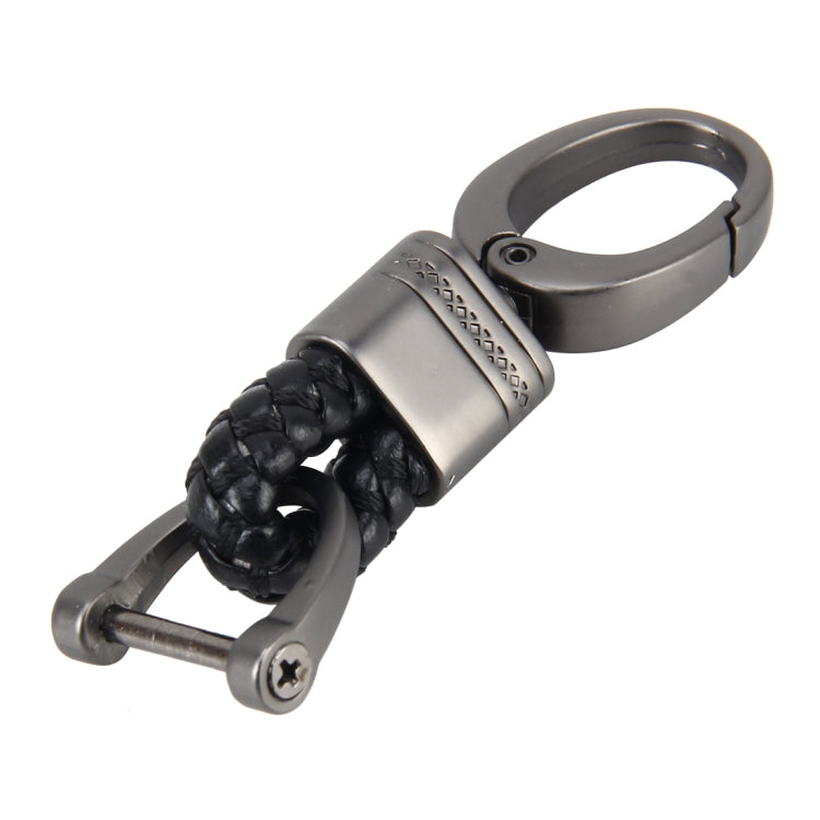 Braided leather keychain with metal key ring and snap clasp, black braided strap