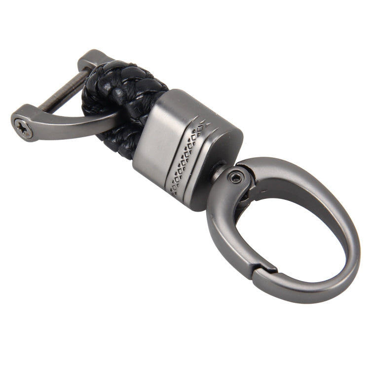 Metal key ring keychain with black braided loop and snap belt clip, side view