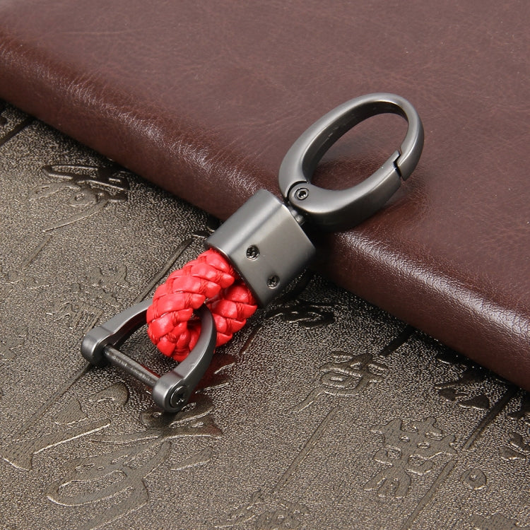 Braided leather keychain with metal key ring and snap clip, red braided loop