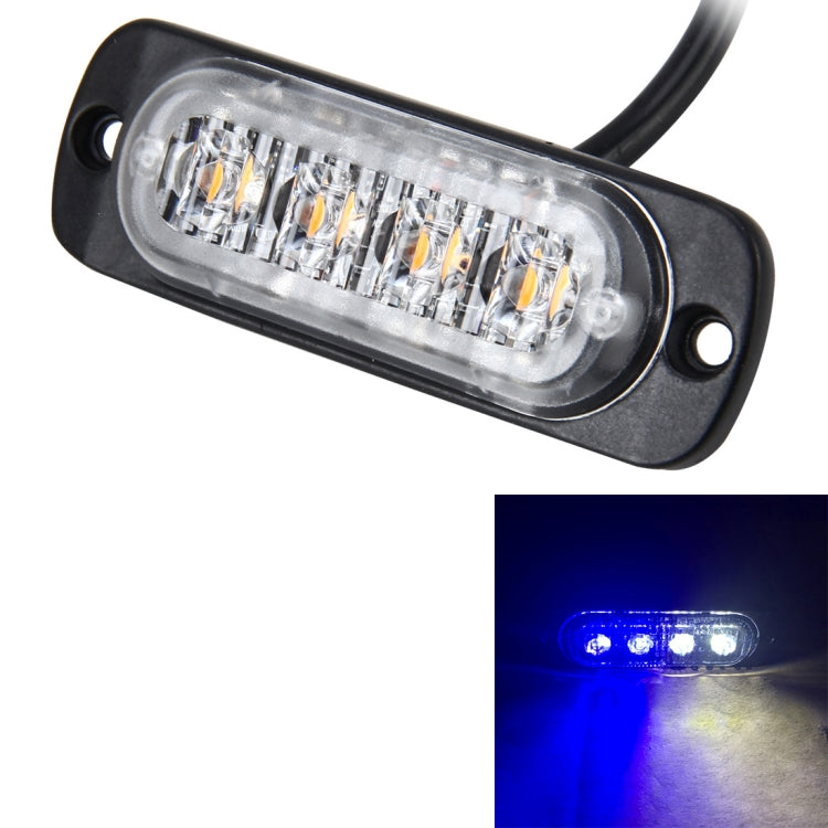 LED strobe light emitting blue light with a clear rectangular lens and mounted housing