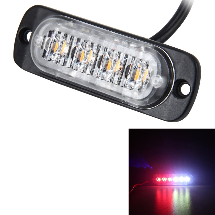 LED strobe light with clear lens, 4 LEDs in black housing; red/blue light shown