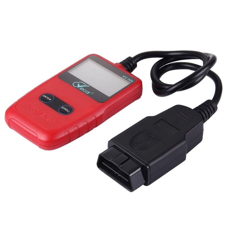 OBDII code scanner with red handheld unit and black OBD cable
