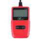 Red handheld OBDII code reader with screen and Enter/Scroll buttons